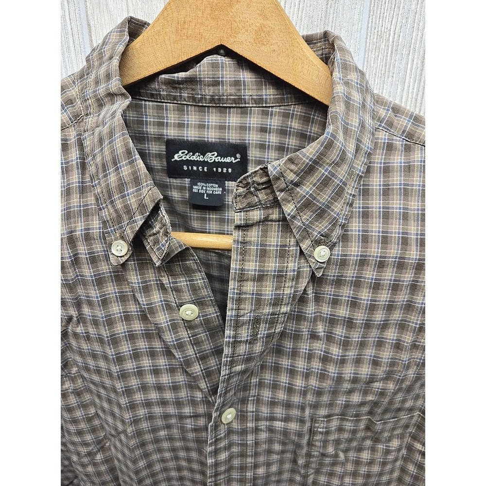 Eddie Bauer Men's L Button Shirt Long Sleeve Plaid Grey/Brown Plaid Cotton - Picture 3 of 8